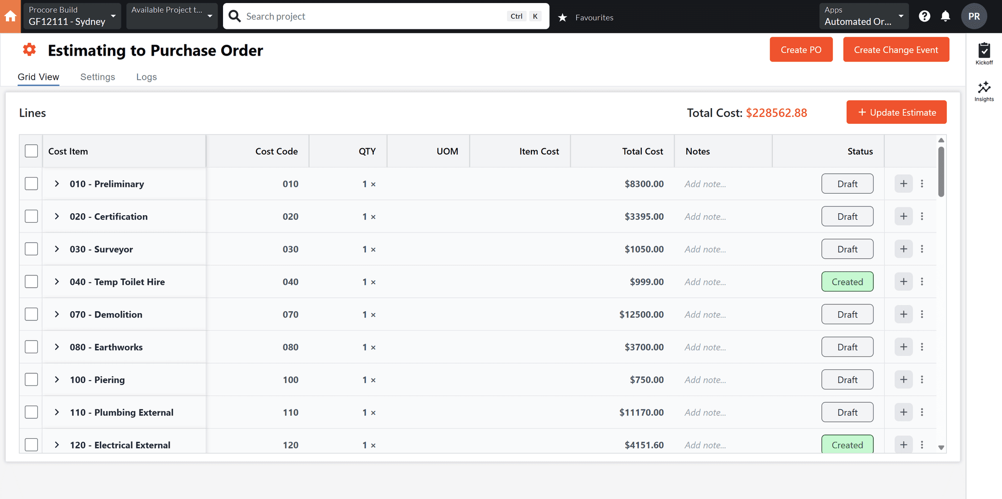 Automated Orders - Procore Integration